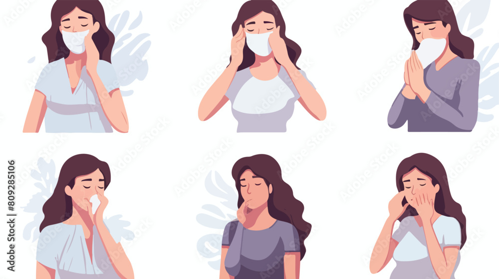 Set of sick woman sneezing coughing and blow her no