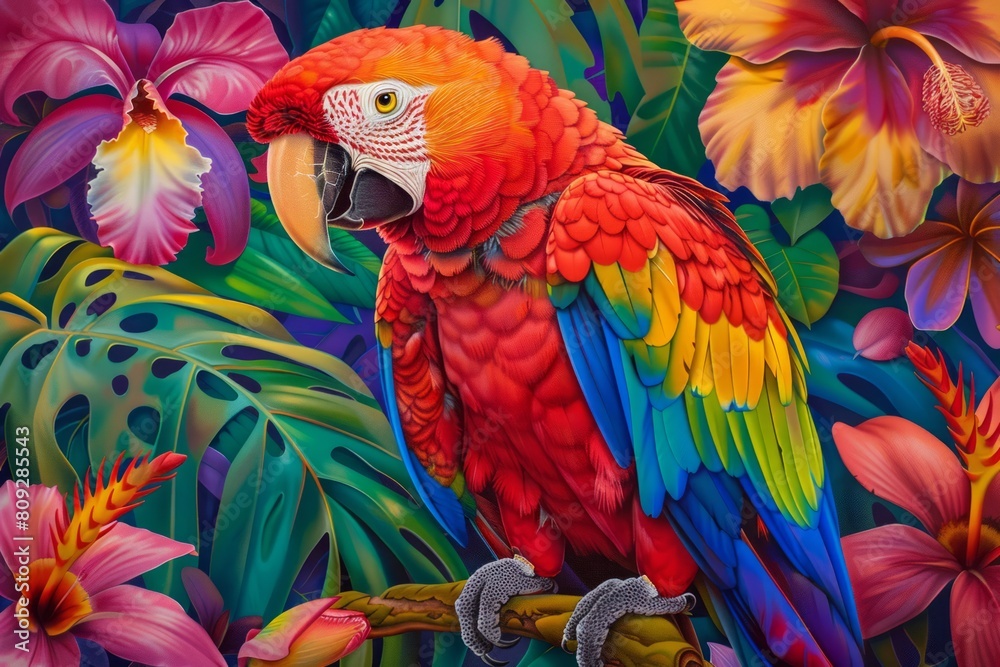 Obraz premium Multicolored parrot sitting on branch, vivid plumage on background of colorful jungle