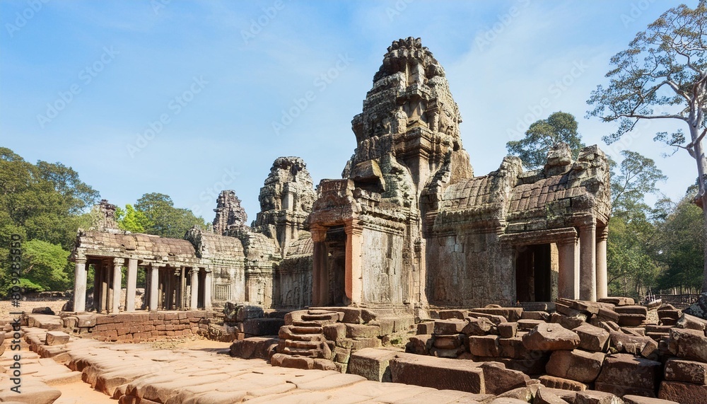 closeup of weathered ruins at preah khan a 12th century temple at angkor wat cambodia
