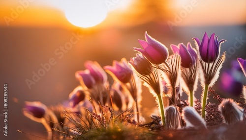 spring flowers beautifully blossoming pasque flower and sun with a natural colored background pulsatilla grandis photo