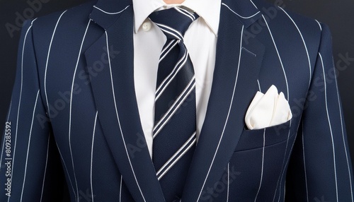 close up of pinstriped fabric texture background detail of navy blue wool suiting with twin white pinstriped photo