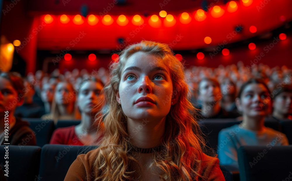 Young woman sitting in movie theater and watching film. Young woman sitting in movie theater and watching film.