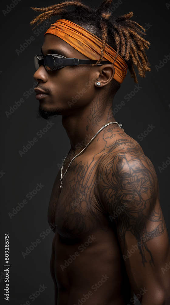 Fototapeta premium A man with distinctive dreadlocks poses confidently, his sunglasses perched atop his head. His cool demeanor radiates style and individuality