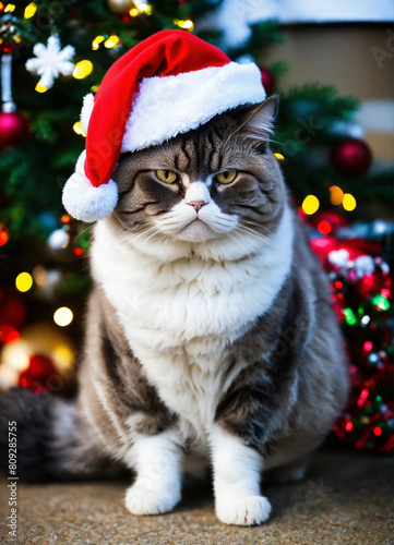 a grumpy fat cat in a christmas hat photo