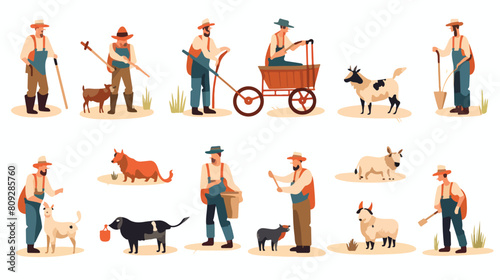 Set of various cartoon farmers taking care domestic