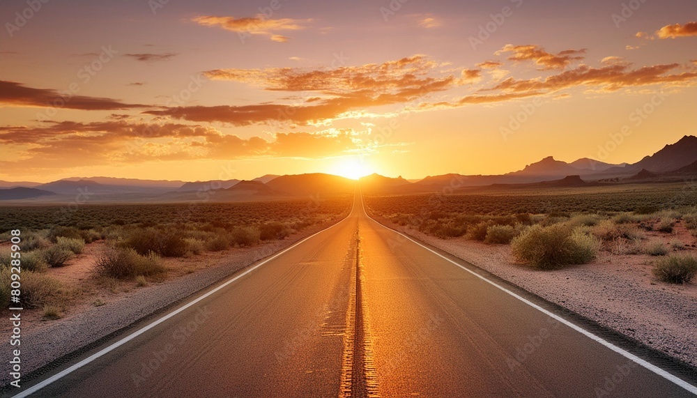 the open road beckons promising adventure and escape as the sun rises over the barren desert landscape