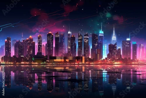 Technicolor Neon city cyberpunk skyline. Asia chinese. Generate Ai