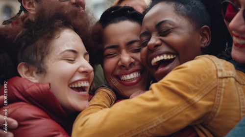 A group of diverse people hugging and laughing together, showing their support for each other's mental health. generative AI
