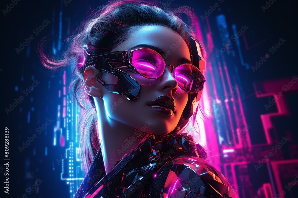 Stylish woman in cyberpunk attire posing with vivid neon lighting and futuristic cityscape backdrop Stylish woman in cyberpunk attire posing with vivid neon lighting and futuristic cityscape backdrop