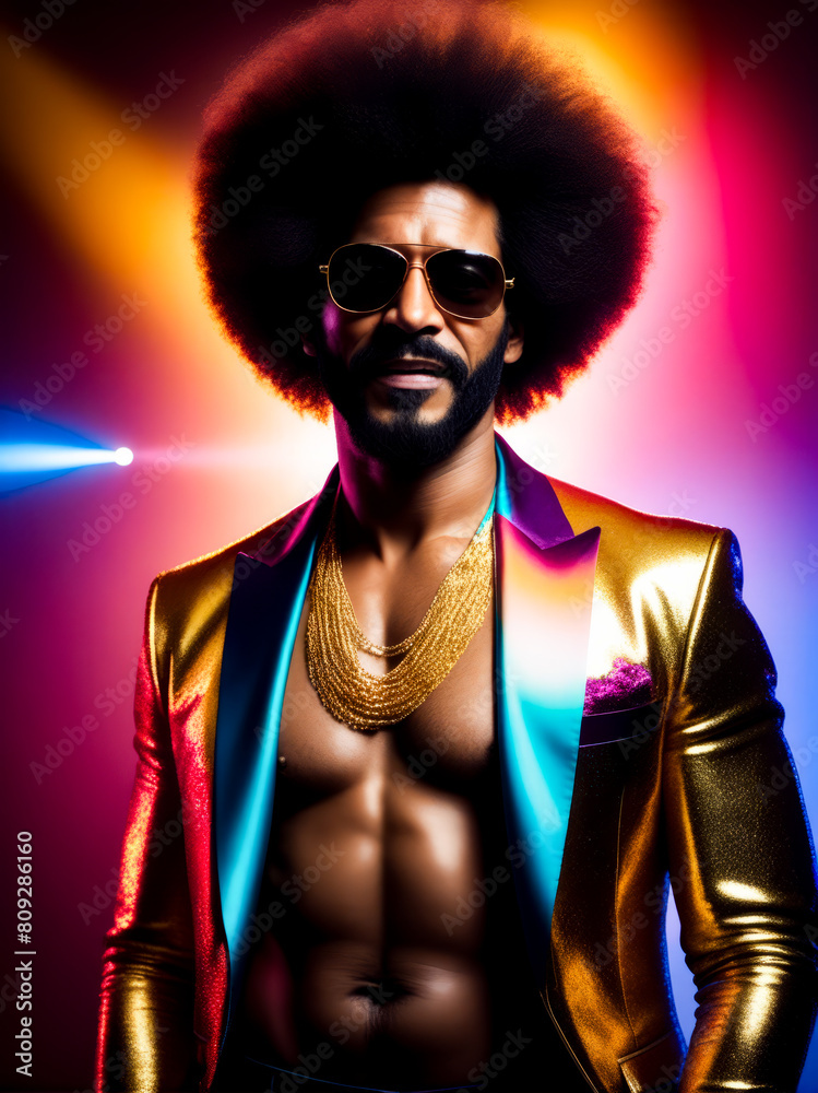 A man with a gold jacket and sunglasses stands in front of a colorful background