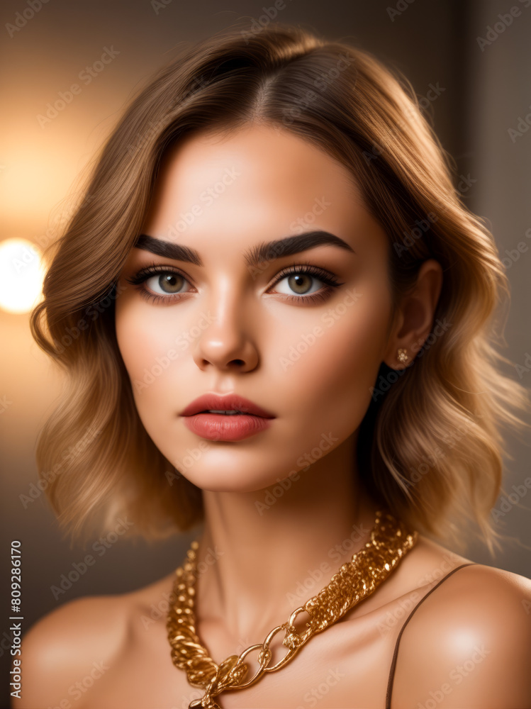 A woman with brown hair and green eyes is wearing a gold chain necklace A woman with brown hair and green eyes is wearing a gold chain necklace