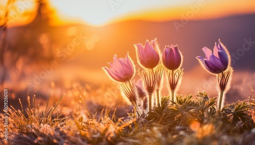 spring flowers beautifully blossoming pasque flower and sun with a natural colored background pulsatilla grandis photo