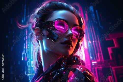 Stylish woman in cyberpunk attire posing with vivid neon lighting and futuristic cityscape backdrop © juliars