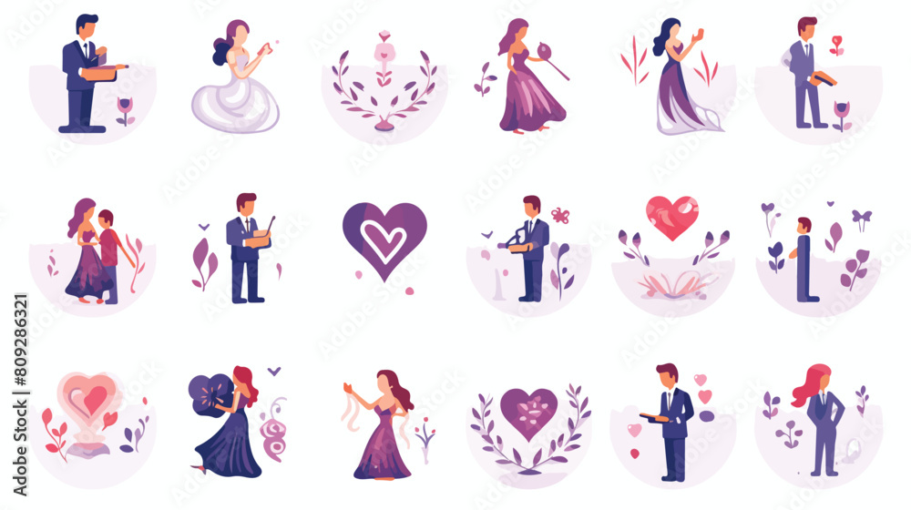 set of trendy flat gradient wedding icons. 2d flat