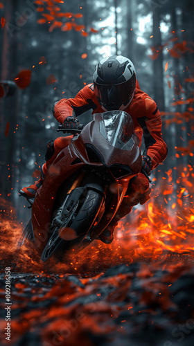 A daring man rides his motorcycle through a forest engulfed in flames, the fiery blaze creating a surreal and dangerous backdrop © h3design