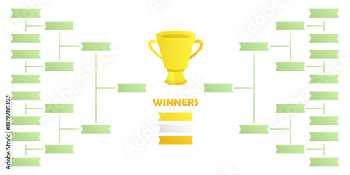Tournament grid, system. Gold cup with list of participants and winners. Blank championship bracket template. Competition grid. Results table. Sports schedule. Gradient colors. Vector illustration.