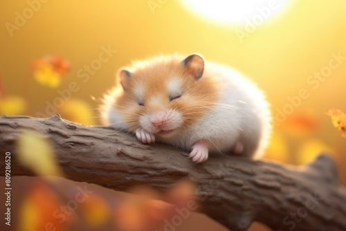 Small hamster peacefully sleeping on a tree branch