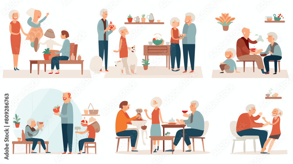 Set of scenes with grandparents and children flat s