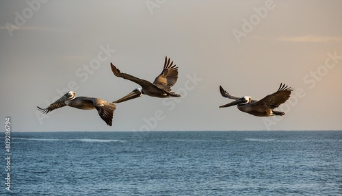 pelicans flying by in monterey california photo