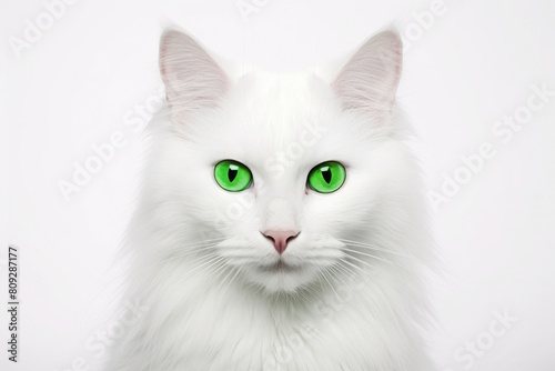 Portrait of a white cat with bright green eyes on a white background