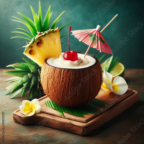 summer cocktail in coconut with pineapple, pina collada alcoholic or non-alcoholic at a party with tropical leaves in Hawaii photo