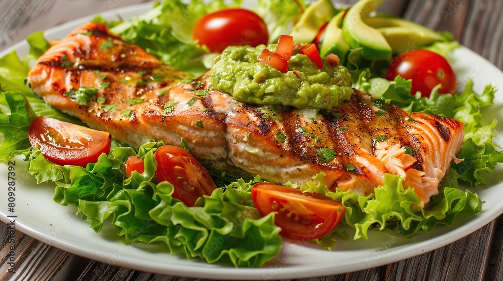 Grilled salmon fish fillet and fresh green lettuce vegetable tomato salad with avocado.Generative Ai Grilled salmon fish fillet and fresh green lettuce vegetable tomato salad with avocado.Generative Ai