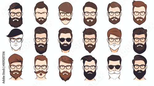 Set of vector bearded hipster men faces on the tran