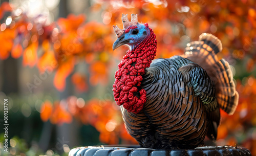 Toy turkey is standing on table in front of red autumn tree photo