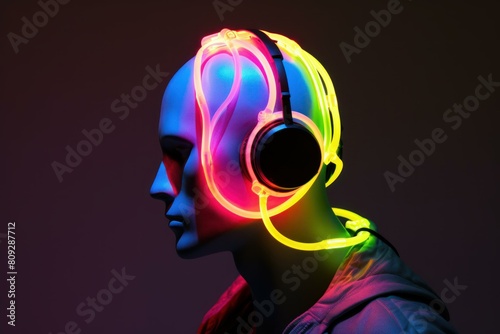 Mannequin head profile with vibrant neon-lit headphones against a dark background