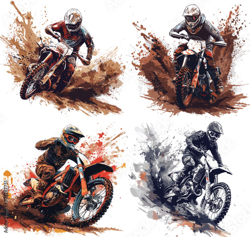 Vector Illustration of Motocross Riders, Dynamic Dirt Bike Action with Mud Splashes in Vibrant Colors.