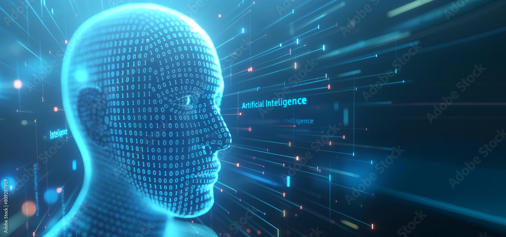 Digital human profile composed of binary code, illuminated against dark ...