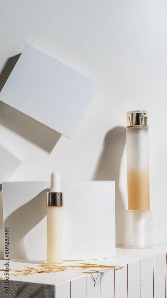 Minimalist design and uncluttered, sophisticated composition with flowers on white background, mock up for cosmetic product Minimalist design and uncluttered, sophisticated composition with flowers on white background, mock up for cosmetic product