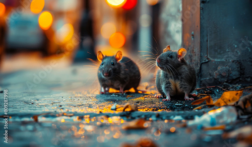 Two rats walk on the street in the rain. Two rats in the sewer photo