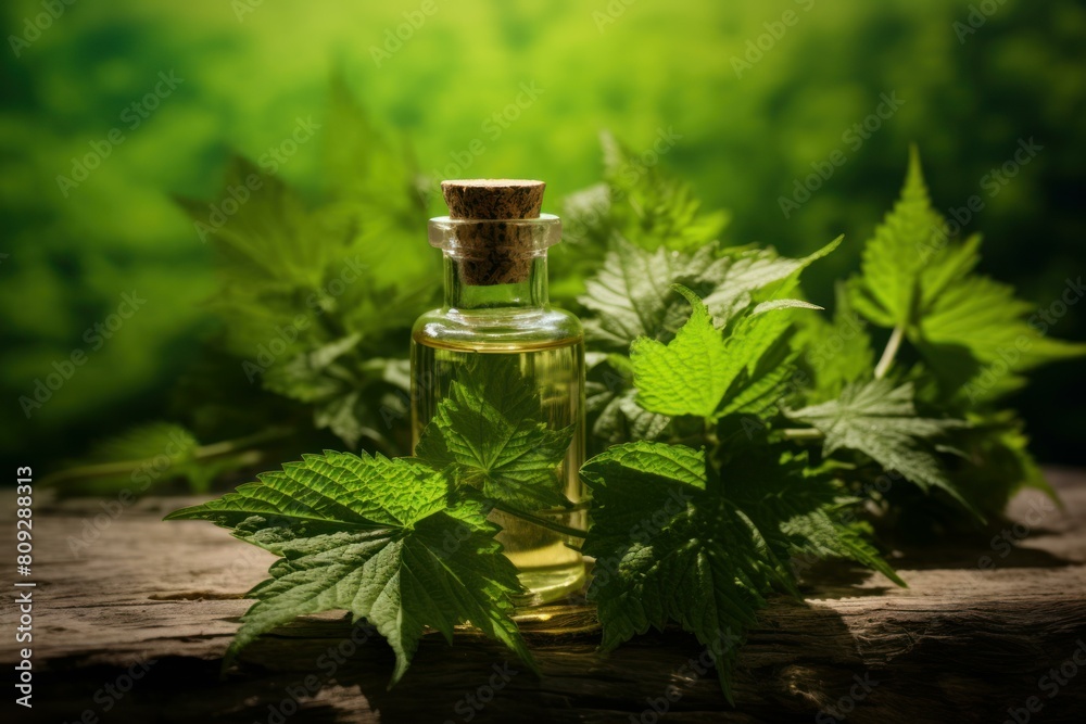 Serene setting featuring a glass bottle of essential oil among fresh green nettle leaves on a rustic wooden surface Serene setting featuring a glass bottle of essential oil among fresh green nettle leaves on a rustic wooden surface