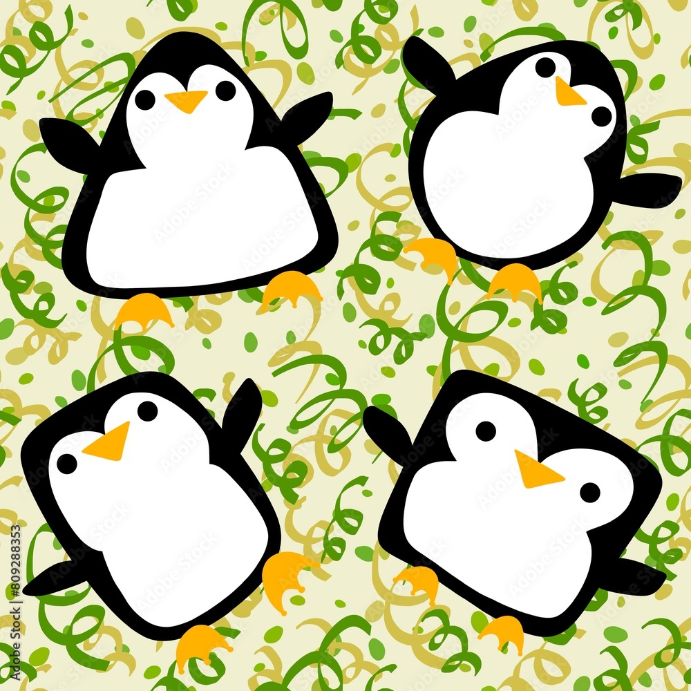 Fototapeta premium Cartoon festive animals seamless birthday decor and penguin pattern for wrapping paper and fabrics
