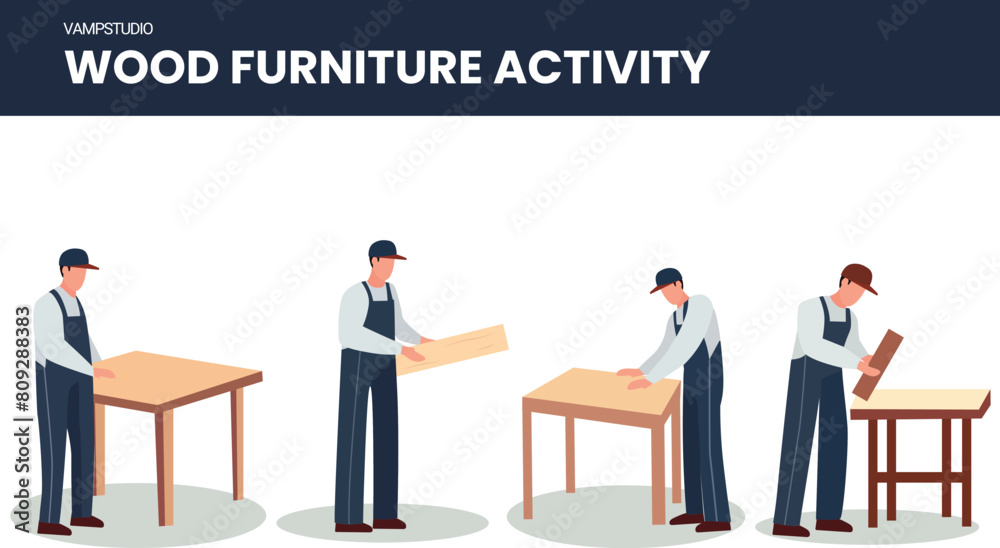 Male carpenter work In carpentry workshop. Isolated carpenter wearing uniform and protective helm vector illustration Male carpenter work In carpentry workshop. Isolated carpenter wearing uniform and protective helm vector illustration