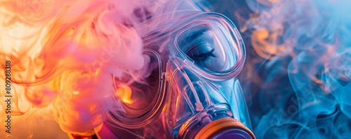 A closeup of an anesthetic mask emitting colorful, swirling vapors photo