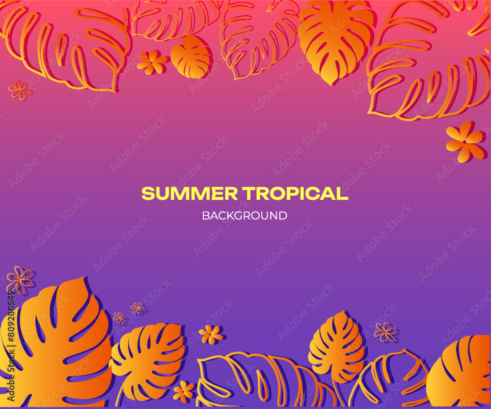 summer banner, Colorful gradient background with tropical plant leaves. Vector illustration