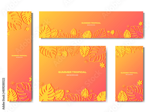 Set of colorful summer banner, background with tropical plant leaves. Vector illustration