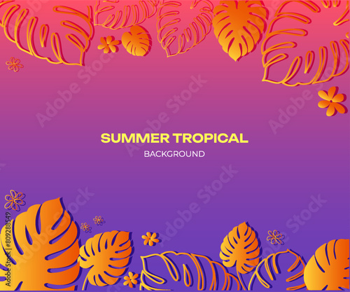 summer banner, Colorful gradient background with tropical plant leaves. Vector illustration