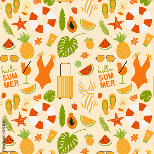 Seamless pattern with summer elements swimsuits, sunglasses, fruits, flip-flops, spf, tropical leaves. Vector illustration