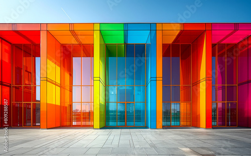 Modern building with colorful windows reflecting on blue sky