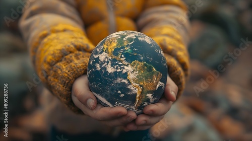 Close-Up Child Holding Earth Globe: Generational Connection, Environmental Sustainability, Love & Care, Holding the World in Your Hands