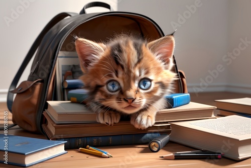 cute kitten with textbooks, backpack and other school supplies © Peredniankina