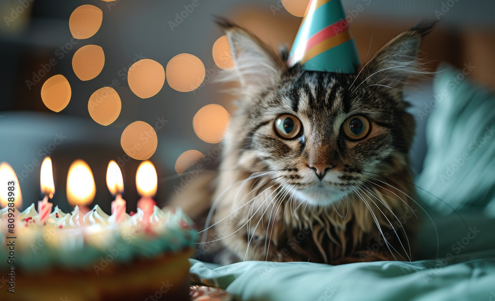 Cat wearing party hat and looking at birthday cake