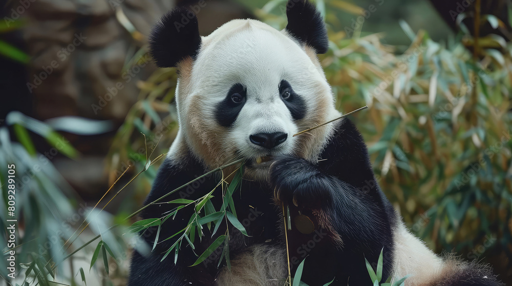 Natural warmth embraces the tranquil panda as it enjoys its meal. Natural warmth embraces the tranquil panda as it enjoys its meal.