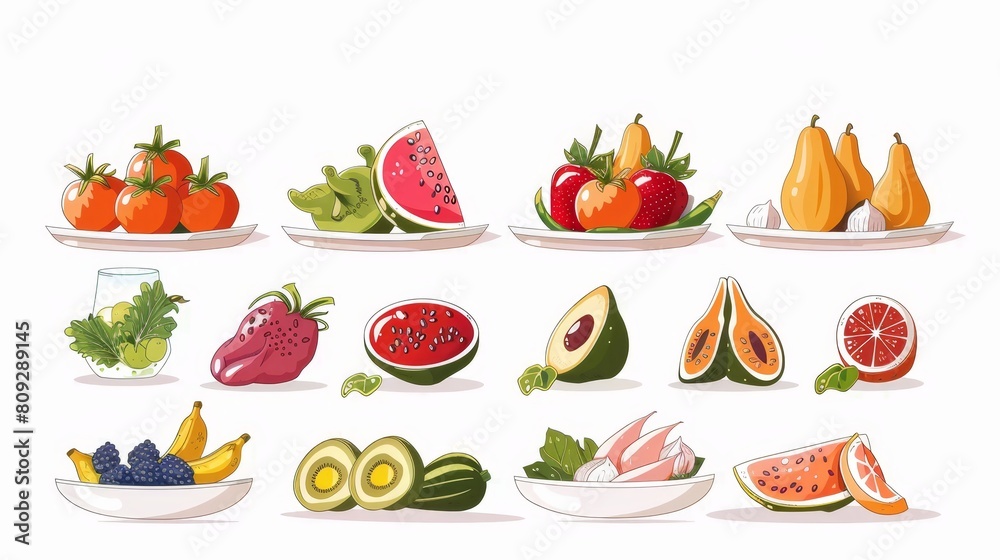 Vibrant illustration of traditional fruits, vegetables, and dishes from the local cuisine Vibrant illustration of traditional fruits, vegetables, and dishes from the local cuisine