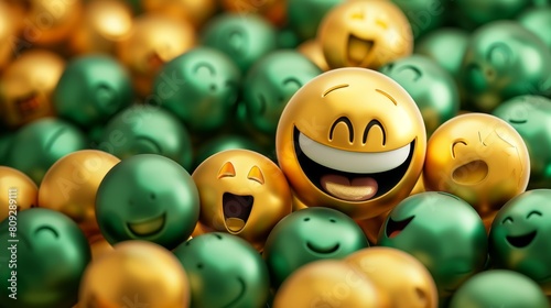 Adorable funny emoji in vibrant green and glittering gold colors illustration for sale photo