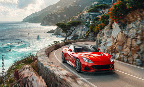 Red sport car driving on the coastal road along the sea and mountains