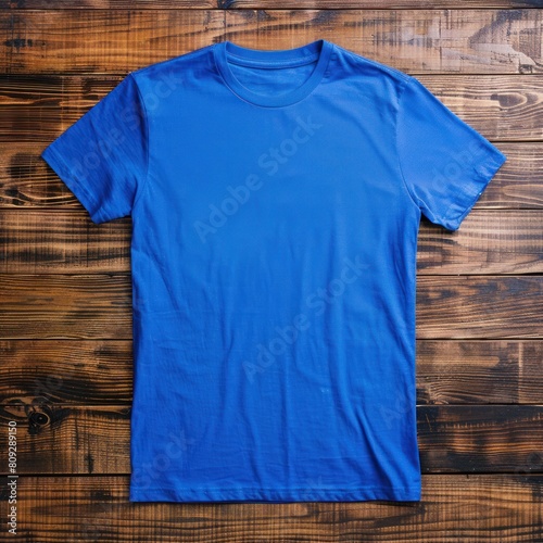 T- shirt mockup on wooden background, Mock up for design and print, Front Blue T-shirt Mockup	